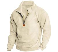 Pull en polaire pour homme avec demi-fermeture éclair - Style militaire - Couleur unie - Col montant - Sport décontracté - Hiver Automne - Mode d'extérieur - Fermeture éclair 1/4, beige, XXL