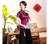 Pull en satin doré pour femme, chemisier de style traditionnel Tang avec motif dragon, chemise streetwear chinoise vintage pour l'été, options bleu marine vin rouge (XXL, rouge vin)