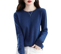 Pull en tricot 100 % laine mérinos solide à manches longues et col rond pour femme, bleu marine, L