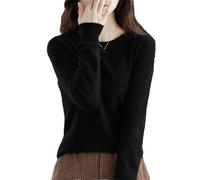 Pull en tricot 100 % laine mérinos solide à manches longues et col rond pour femme, Noir , XXL