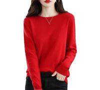 Pull en tricot 100 % laine mérinos solide à manches longues et col rond pour femme, Rouge, L