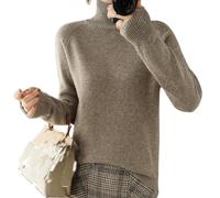 Pull en tricot à col roulé pour femme - Pull d'hiver en cachemire côtelé - Laine chaude - Ample - Manches longues (camel foncé, 2XL)