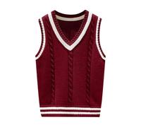 Pull en tricot à col V pour garçons et filles - Sans manches - Décontracté - Mignon - Uniforme scolaire - Coton - Tricoté à motifs câblés - Hauts tendance pour enfants, Wine-3., 11-12 ans