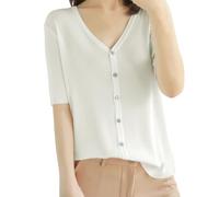 Pull en tricot à manches courtes pour femme - Cardigan d'été pour femme - Cardigan court en tricot uni - Cardigan en tissu - Col en V, blanc, 3XL