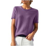 Pull en tricot à manches courtes pour femme - Couleur unie - Col rond - Pull ample et confortable en maille fine, Violet, S