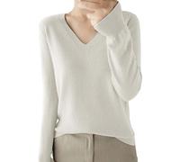 Pull en tricot à manches longues en coton pour femme - Col en V - Pull en tricot fin - Pull surdimensionné - Couleur unie - Élégant pull tricoté à manches longues, beige, L