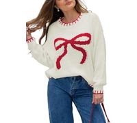 LLECDASEUI Pull en tricot à nœud pour femmes y2k pull tricoté à manches longues et col rond surdimensionné en tricot à bordure contrastée (Blanc,L)