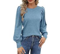 Pull en tricot chaud à col rond pour femme - Automne et hiver - Manches ballon - Tricot côtelé confortable - Haut habillé et décontracté - Travail en tricot, bleu, XL