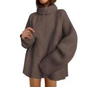 Pull en tricot côtelé surdimensionné à manches longues pour femme - Solide - Décontracté - Col roulé - Automne et hiver - Doux - Thermique - Confortable, marron, S