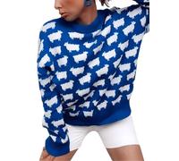 Pull en tricot décontracté à manches longues et col rond pour femme - Imprimé mouton d'automne, bleu, L