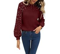 Pull en tricot élégant pour femme avec perles - Col rond - Pull à manches longues - Couleur unie - Décontracté - Léger - Pull droit élégant (disponible en S à XXL), Bordeaux, L