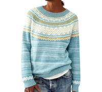 Pull en tricot Fair Isle pour femme - Style nordique - Pull ample à col rond et manches longues - Pull islandais surdimensionné en polaire douce - Pull chaud pour femme, bleu ciel, 4XL