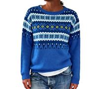 Pull en tricot Fair Isle pour femme - Style nordique - Pull ample à col rond et manches longues - Pull islandais surdimensionné en polaire douce - Pull chaud pour femme, bleu marine, S