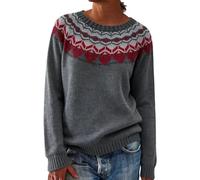 Pull en tricot Fair Isle pour femme - Style nordique - Pull ample à col rond et manches longues - Pull islandais surdimensionné en polaire douce - Pull chaud pour femme, gris foncé, M
