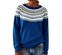Pull en tricot Fair Isle pour femme - Style nordique - Pull ample à col rond et manches longues - Pull islandais surdimensionné en polaire douce - Pull chaud pour femme, bleu, M