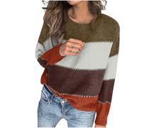 Pull en Tricot Femme Bloc De Couleur Pullover Côtelé Chaud Manches Longues Col Rond Vetement Femme Automne Hiver Sweaters Mode Ample Chic et Elegant Simple Haut Polyvalente Doux et Confortables