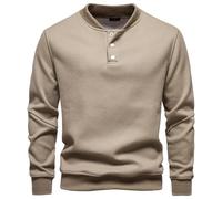 Pull en tricot gaufré pour homme - Pull Henley à 3 boutons - Respirant - Coupe ajustée - Coupe droite - Pull décontracté - Facile d'entretien - Polos de travail en micro polaire chaude, kaki, L