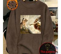 Pull en tricot imitation pour femmes grande taille, col rond, décoré de motifs de chats et de dieux, top automne/hiver pour femmes, saison de la rentrée scolaire. Automne 0XL,1XL,2XL,3XL,4XLNoël,Hallo
