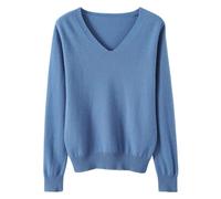 Pull en tricot noir pour femme - Col en V - Manches longues - Automne - Hiver - Tricot fin - Confortable - Doux - Léger - Couleur unie - Coton - Streetwear - Pull surdimensionné, bleu, M