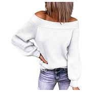 Pull en tricot noir pour femme - Pull en tricot surdimensionné - Épaules dénudées - Manches longues - Manches lanternes - Pull d'automne et d'hiver côtelé - Pull d'hiver - Haut thermique, Blanc., M