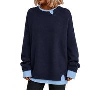 Pull en Tricot Patchwork pour Femmes, surdimensionné, col Rond, Manches (Royal Blue,S)