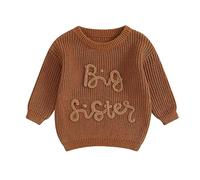 Pull en tricot pour bébé fille automne hiver pull tricoté Lil/Big Sister Pull sœur Matching Pullover tenues manches longues col rond lettres pull tricoté bébé tricot, Marron-B, 2-3 ans