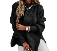 Pull en tricot pour femme, CM20 Automne Hiver Col Demi-Haut Lâche Couleur unie Manches Longues Pull épais avec Fentes Latérales (4XL Noir)