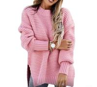 Pull en tricot pour femme, CM20 Automne Hiver Col Demi-Haut Lâche Couleur unie Manches Longues Pull épais avec Fentes Latérales (5XL Rose)