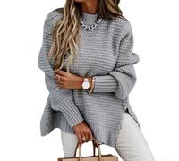 Pull en tricot pour femme, CM20 Automne Hiver Col Demi-Haut Lâche Couleur unie Manches Longues Pull épais avec Fentes Latérales (L Gris)