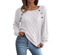 Pull en tricot pour femme - Léger - Couleur unie - Chemise à manches longues - Tricoté sexy - Col rond - Manches longues - Hauts extensibles - Hauts basiques - Pull classique - Streetwear, Blanc., M