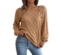 Pull en tricot pour femme - Léger - Couleur unie - Chemise à manches longues - Tricoté sexy - Col rond - Manches longues - Hauts extensibles - Hauts basiques - Pull classique - Streetwear, kaki, M