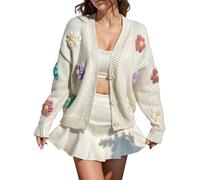 Pull en tricot pour femme - Long hiver - Cardigan d'hiver en tricot - Haut élégant avec boutons - Cardigan en tricot épais - Manteau chaud - Veste de loisirs baggy - Imprimé floral, Blanc., S