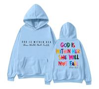 Pull en tricot pour femme rouge avec inscription « In God » disponible en version soir. Sweat à capuche « Dieu est dans son cœur elle ne tombera pas ». Vêtements pour femme, bleu ciel, L