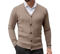 Pull en tricot pour homme avec col en V profond en jacquard pour l'hiver et l'automne décontracté à manches longues boutonné, kaki, XL