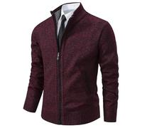Pull en tricot pour homme, fermeture éclair intégrale, col montant, coupe ajustée, pull tricoté décontracté avec 2 poches avant, bordeaux, L