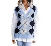 Pull en tricot, sans manches pour femme, col en V, motif écossais pour l'hiver, bleu, Taille M