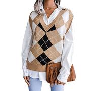 Pull en tricot, sans manches pour femme, col en V, motif écossais pour l'hiver, kaki, Taille M