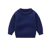Pull en tricot solide à manches longues et col rond - Vêtement d'hiver pour fille et bébé - Vêtements courts pour femme, bleu foncé, 4-5 ans