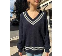 Pull en tricot torsadé avec col en V et rayures - Coupe ample - Manches longues