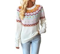 Pull en tricot vintage Fair Isle pour femme, décontracté, ample, col rond, manches longues, tendance, pull à motifs losanges, blanc, M