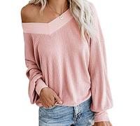 Pull Epaule Denudee Femme Col V Oversize Pulls Femme Pull-Over Tricoté Femme Large Pull Maille Femmes Pullover Pull Tricot Chandail Épaules Dénudées Manche Longue Joli Ample Casual Hiver Rose XL