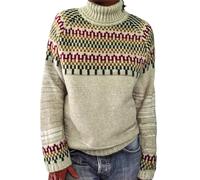 Pull Fairisle pour femme - Col roulé - Pull nordique rayé à manches longues pour femme - Pull ample et doux pour l'hiver - Pull jacquard ample en tricot épais pour femme, kaki, S