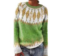Pull Fairisle pour femme - Pull islandais doux et léger - Tunique nordique - Col rond - Automne et hiver - Pull chaud - Imprimé île vintage - Tricot jacquard, Vert, S
