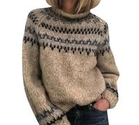 Pull Fairisle pour femme - Pull islandais doux nordique - Col rond - Automne et hiver - Pull chaud - Imprimé île vintage - Tricot jacquard, gris, L