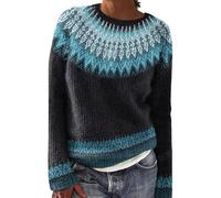 Pull Fairisle pour femme - Pull nordique à manches longues pour femme - Pull tricoté à manches longues - Pull d'hiver en polaire chaude - Léger et ample - Col rond - Grande taille, noir foncé, XL