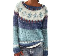 Pull Fairisle pour femme - Pull nordique grande taille pour femme - Pull décontracté à manches longues - Pull en tricot doux et confortable - Léger - Col rond - Chaud - Pour l'hiver, bleu clair, S