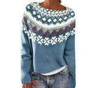 Pull Fairisle pour femme - Pull nordique grande taille pour femme - Pull décontracté à manches longues - Pull en tricot doux et confortable - Léger - Col rond - Chaud - Pour l'hiver, bleu, XL