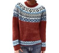 Pull Fairisle pour femme - Pull nordique vintage surdimensionné en polaire douce pour femme - Col rond - Manches longues - Automne et hiver - Chaud - Pull décontracté en tricot, rouge brique, XXL
