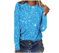Pull femme 3D imprimé à manches longues slim col rond chemise imprimée de paillettes mode col rond basique hauts à manches longues brillants chemisier à col en O tuniques légères avec paillettes pour