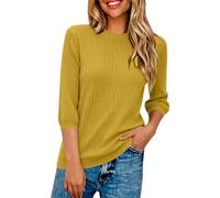Pull Femme à Col Rond en Maille Fine, Haut Manches 3/4 Léger Décontracté, Pull de sous-Vêtement Automne, Tenue Décontractée et Habillée pour Le Quotidien